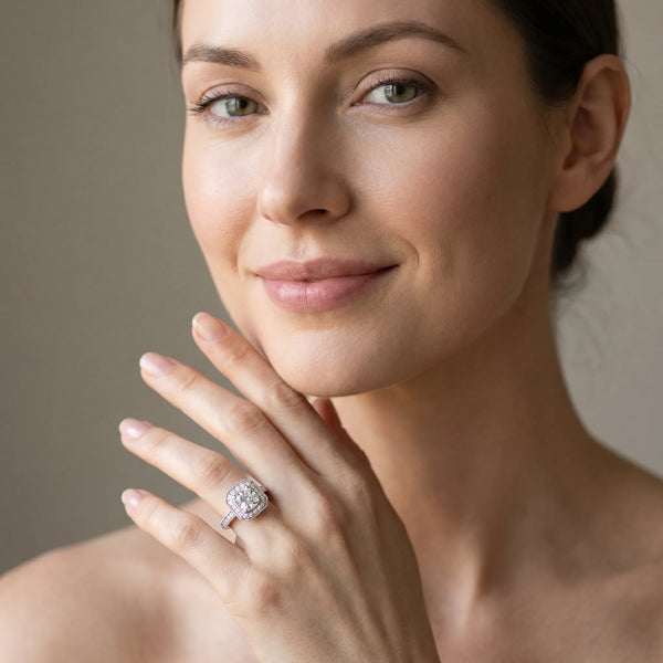 White gold Cushion-Cut Diamond Halo Engagement Ring with Pave Band and Prong Setting