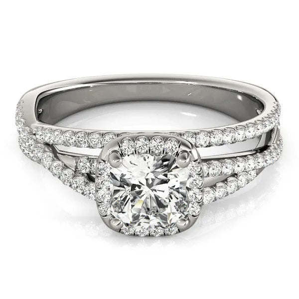 White gold Cushion Cut Diamond Halo Engagement Ring with Twisted Split Shank Pavé Band