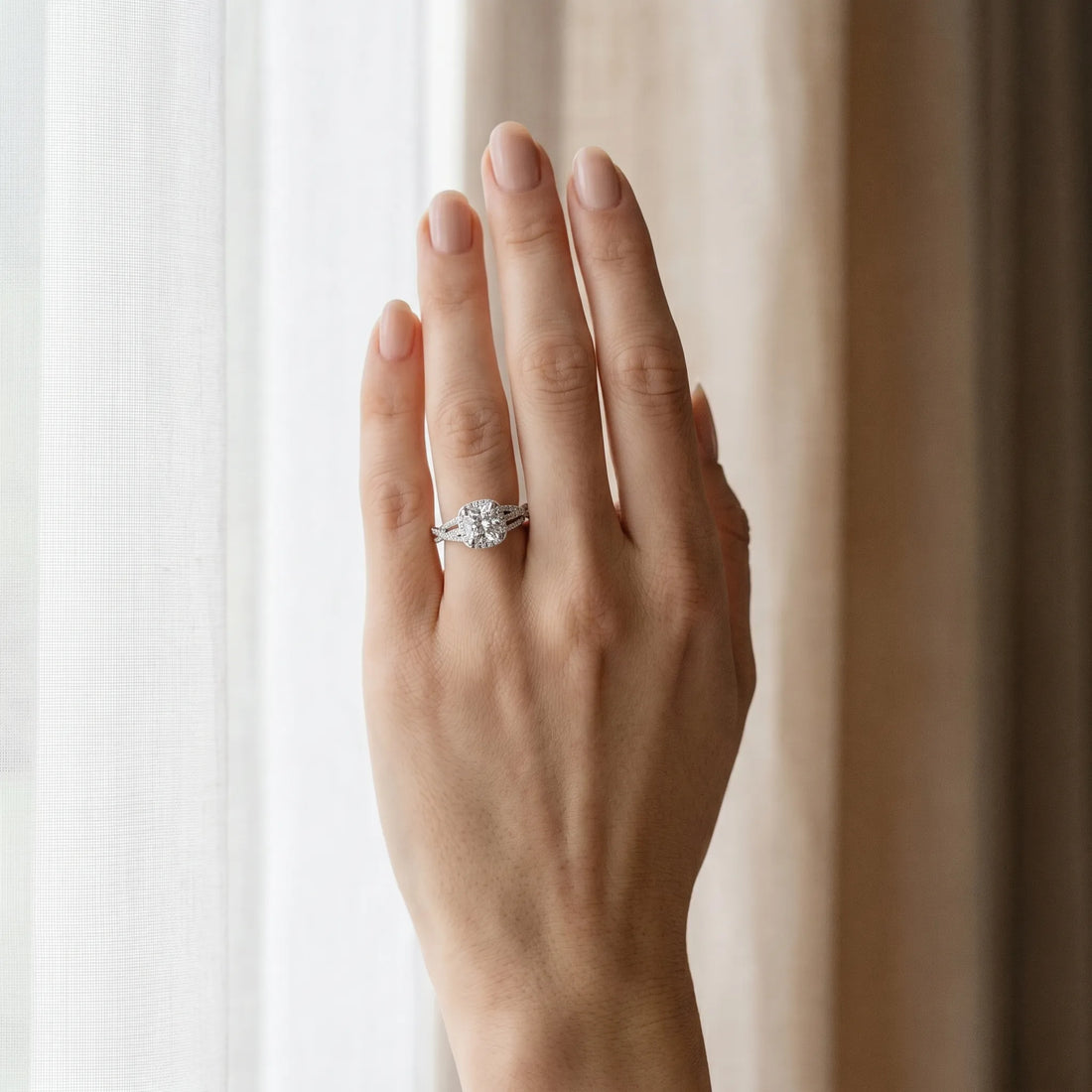 White gold Cushion Cut Diamond Halo Engagement Ring with Twisted Split Shank Pavé Band_6