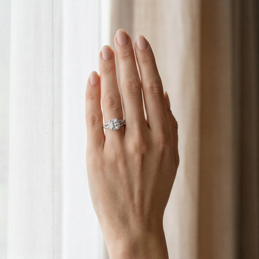 White gold Cushion Cut Diamond Halo Engagement Ring with Twisted Split Shank Pavé Band