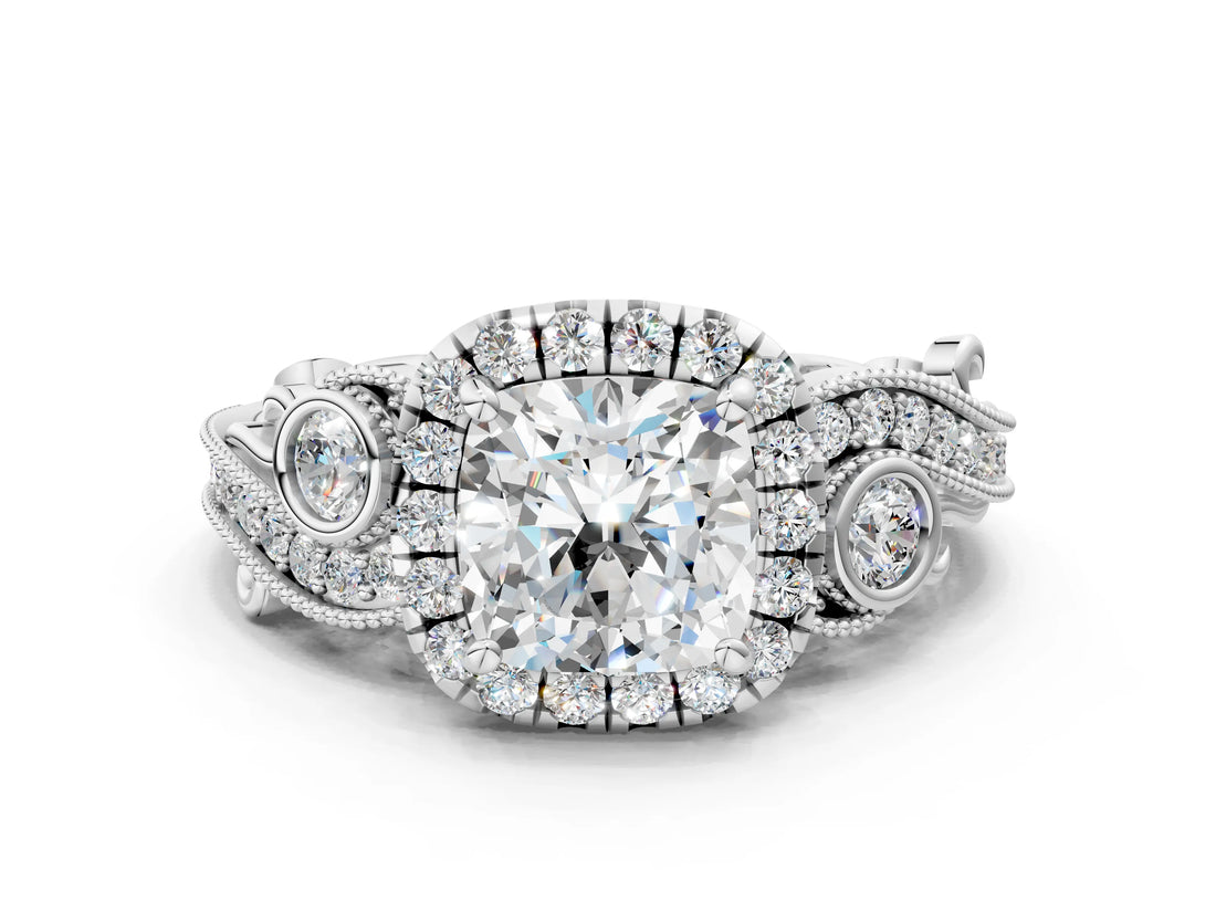 White gold Cushion Cut Diamond Halo Ring with Milgrain Pavé Band and Four-Prong Setting_81