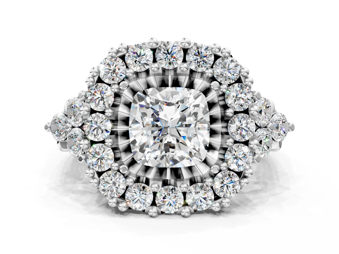 White gold Cushion Cut Diamond Halo Ring with Pavé Band and Four-Prong Setting_63