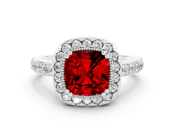 White gold Cushion Cut Ruby Halo Ring with Pavé Band and Prong Setting