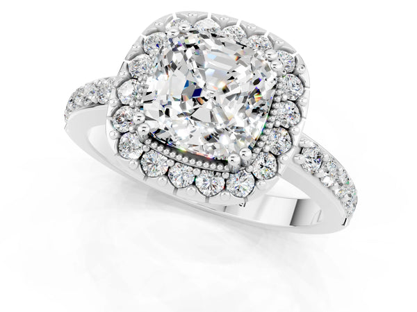 White gold Cushion Cut Moissanite Halo Ring with Pavé Band and Prong Setting