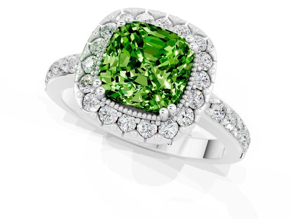 White gold Cushion Cut Peridot Halo Ring with Pavé Band and Prong Setting