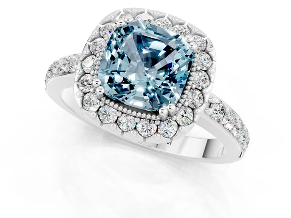 Platinum Cushion Cut Aquamarine Halo Ring with Pavé Band and Prong Setting