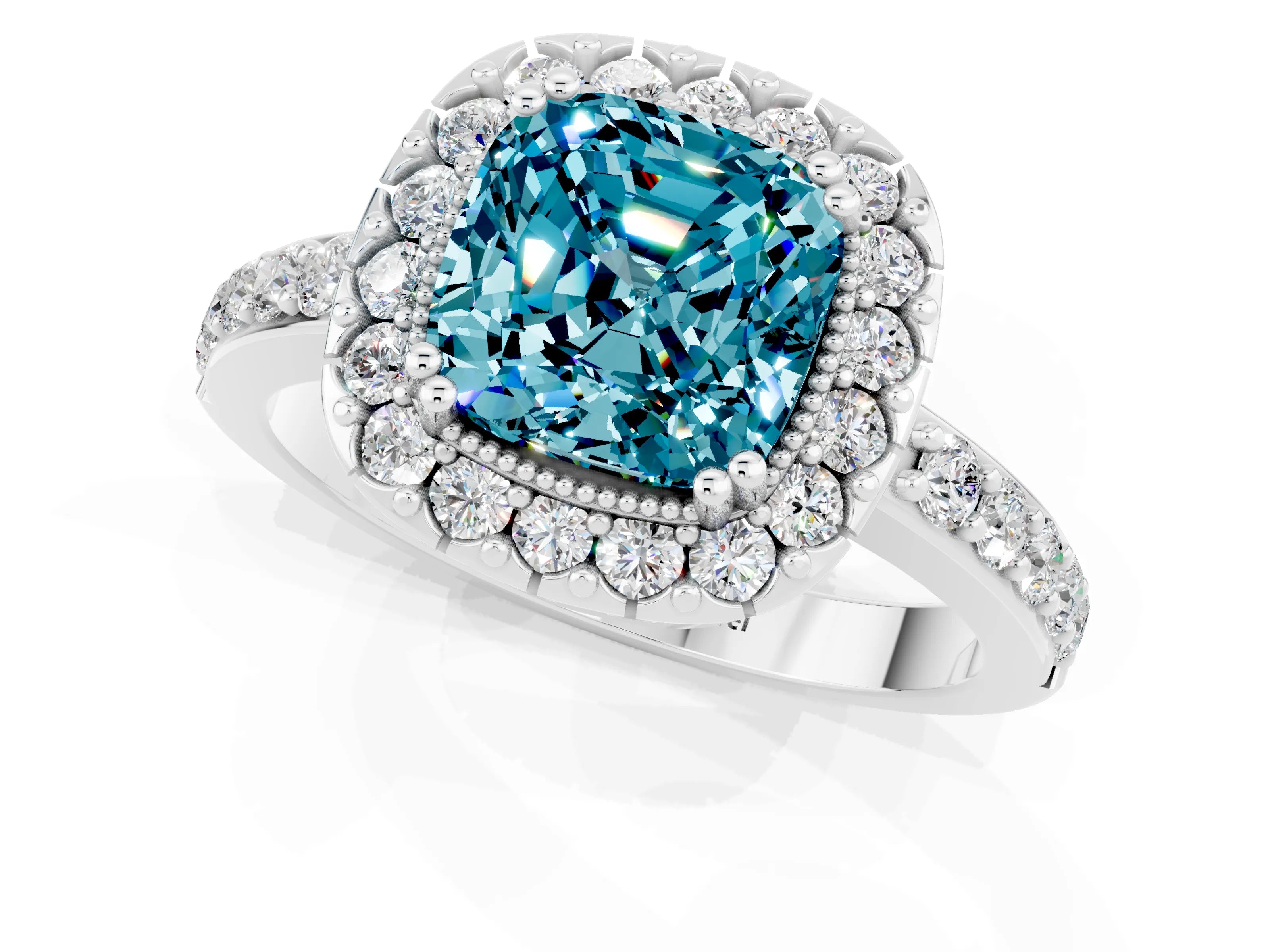 White gold Cushion Cut Diamond Halo Ring with Pavé Band and Prong Setting_1