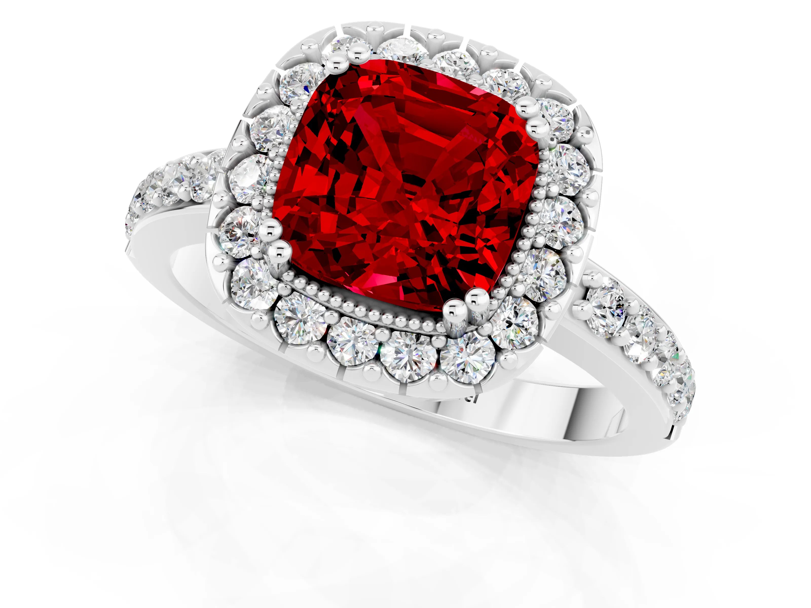 White gold Cushion Cut Diamond Halo Ring with Pavé Band and Prong Setting_1
