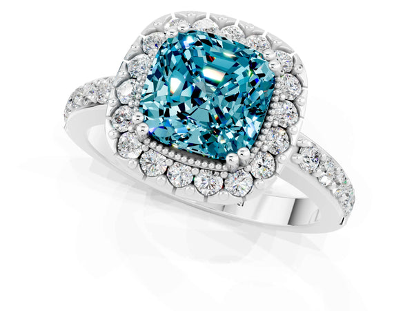 Silver Cushion Cut Blue Topaz Halo Ring with Pavé Band and Prong Setting