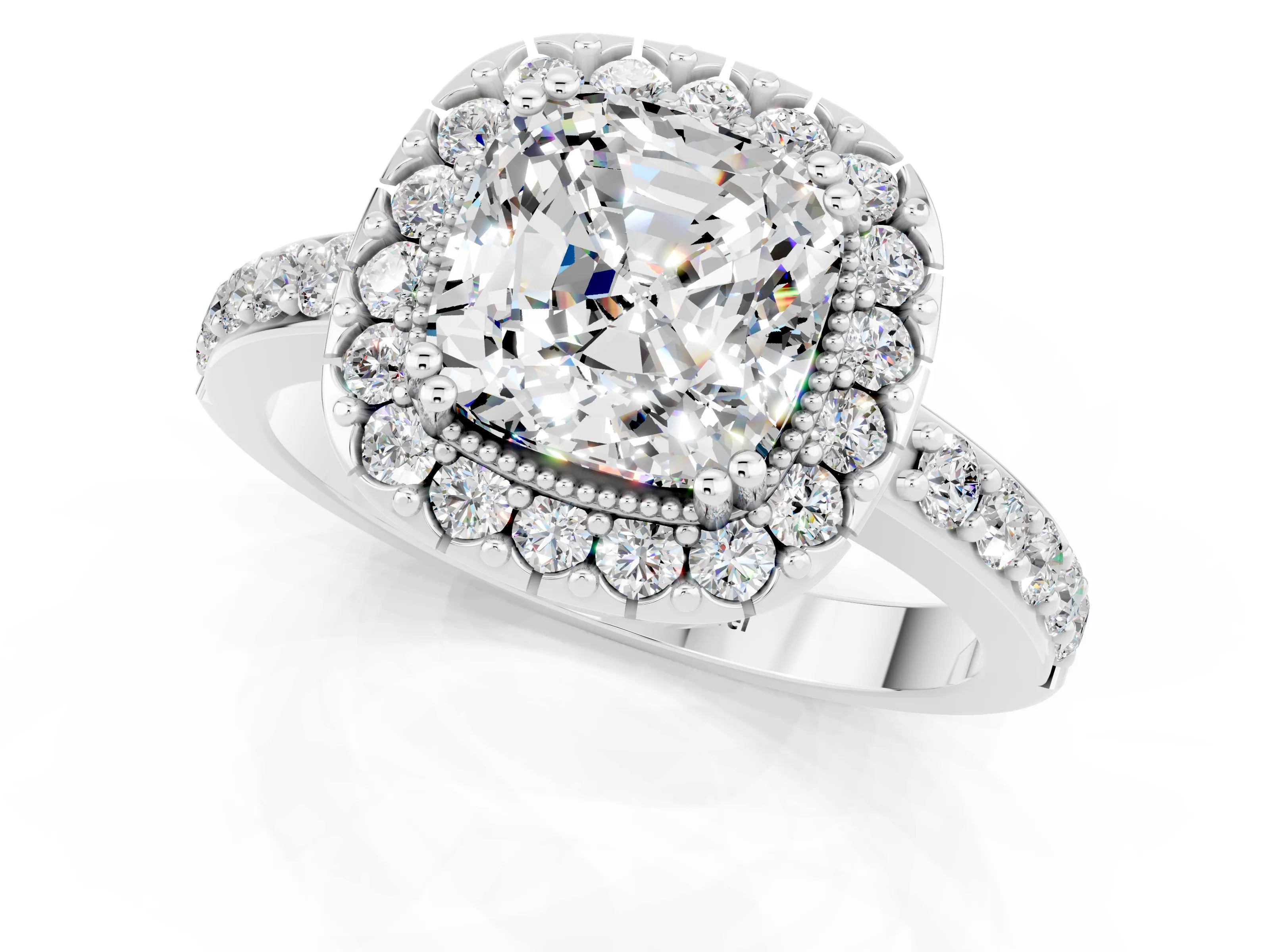White gold Cushion Cut Diamond Halo Ring with Pavé Band and Prong Setting_1