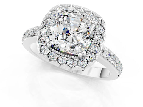 White gold Cushion Cut Diamond Halo Ring with Pavé Band and Prong Setting_1
