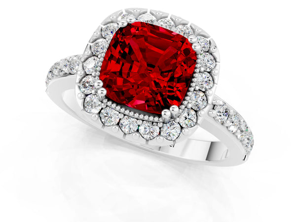 Platinum Cushion Cut Ruby Halo Ring with Pavé Band and Prong Setting