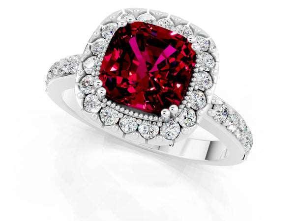 Silver Cushion Cut Garnet Halo Ring with Pavé Band and Prong Setting
