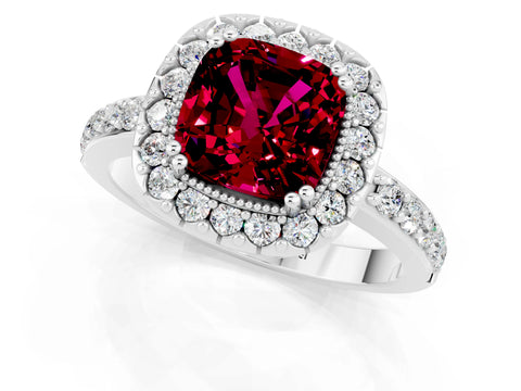 White gold Cushion Cut Diamond Halo Ring with Pavé Band and Prong Setting_1