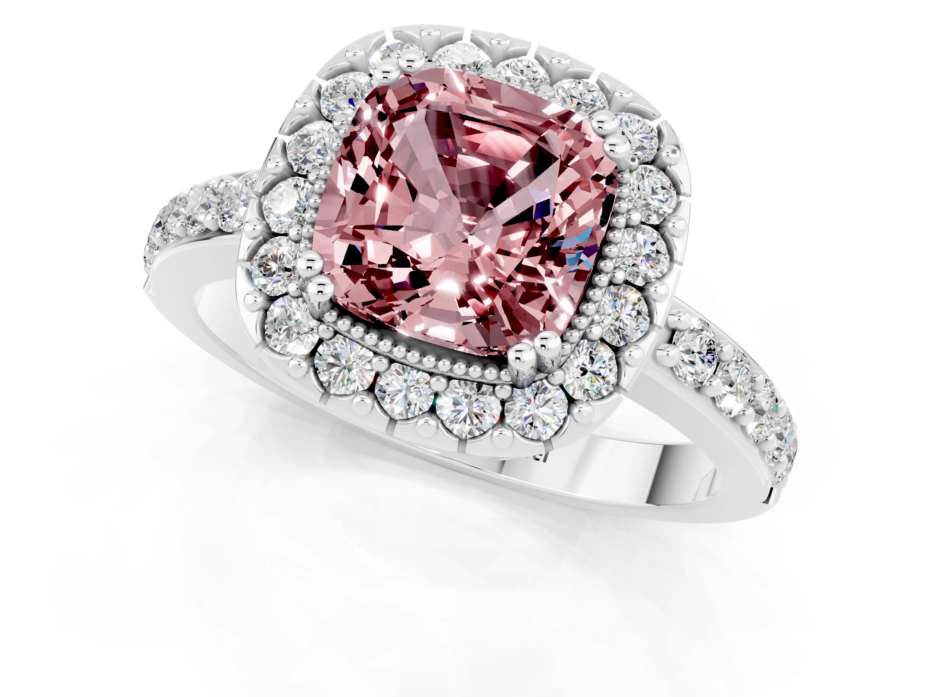 White gold Cushion Cut Diamond Halo Ring with Pavé Band and Prong Setting_1