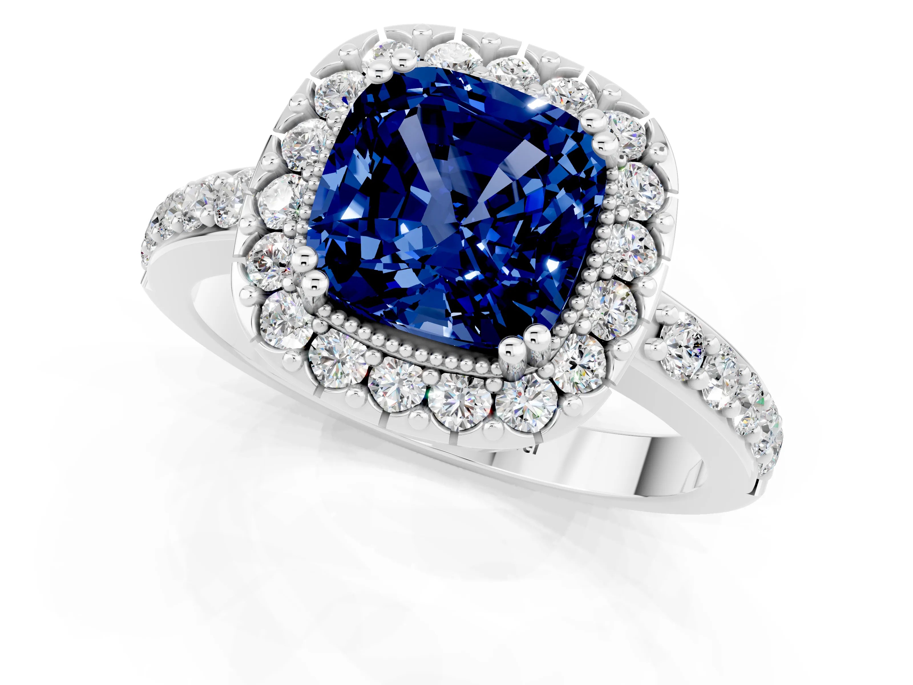 White gold Cushion Cut Diamond Halo Ring with Pavé Band and Prong Setting_1