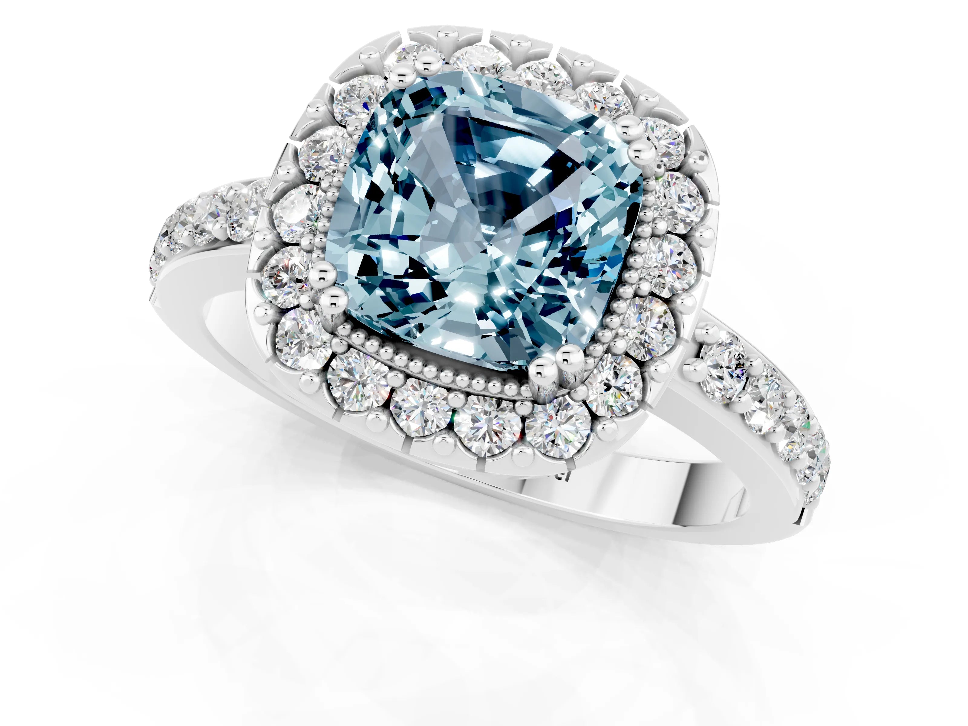 White gold Cushion Cut Diamond Halo Ring with Pavé Band and Prong Setting_1