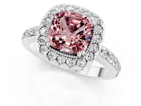 White gold Cushion Cut Diamond Halo Ring with Pavé Band and Prong Setting_1