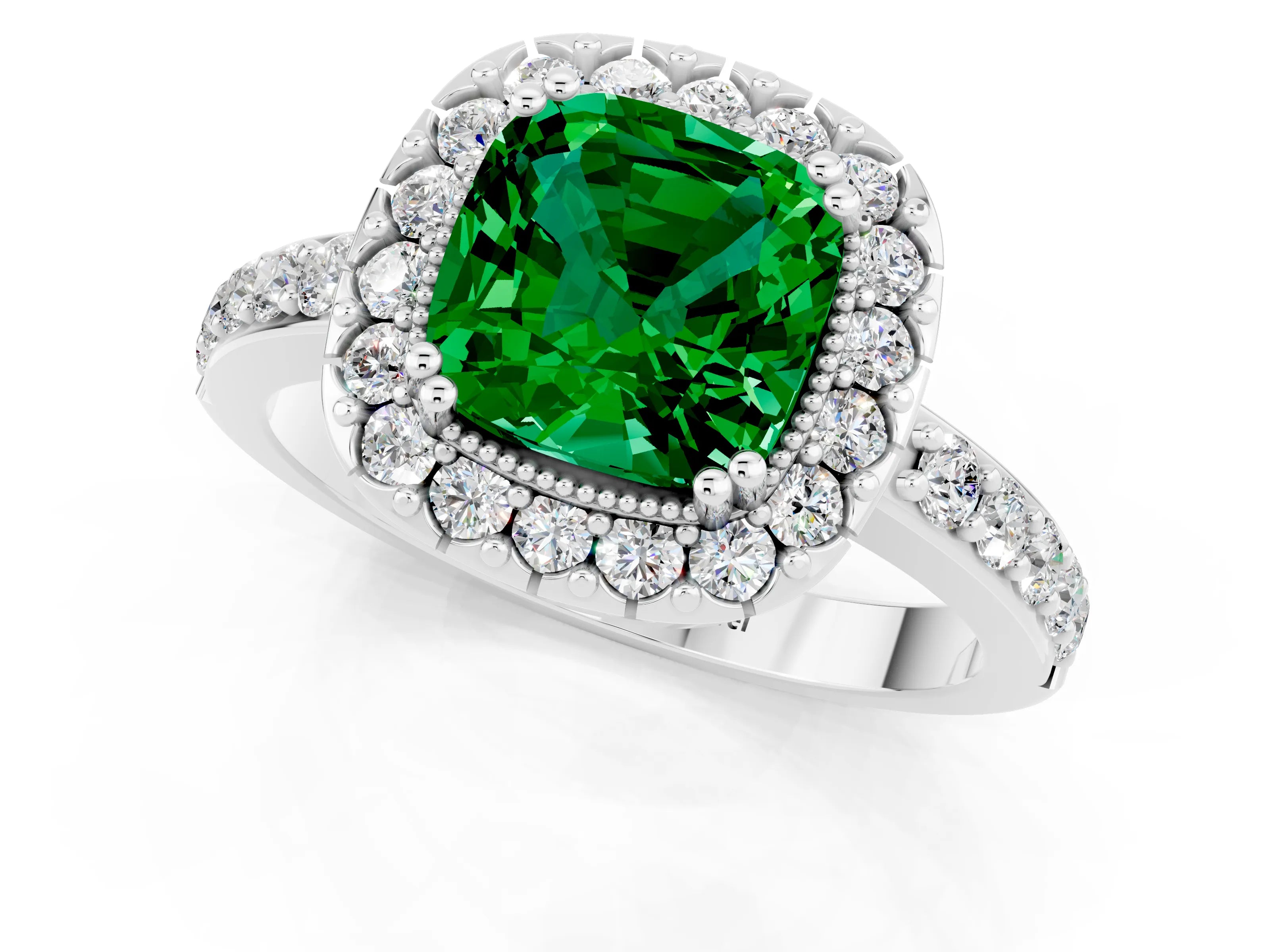 White gold Cushion Cut Diamond Halo Ring with Pavé Band and Prong Setting_1