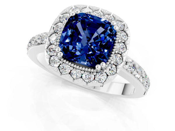 Silver Cushion Cut Blue Sapphire Halo Ring with Pavé Band and Prong Setting