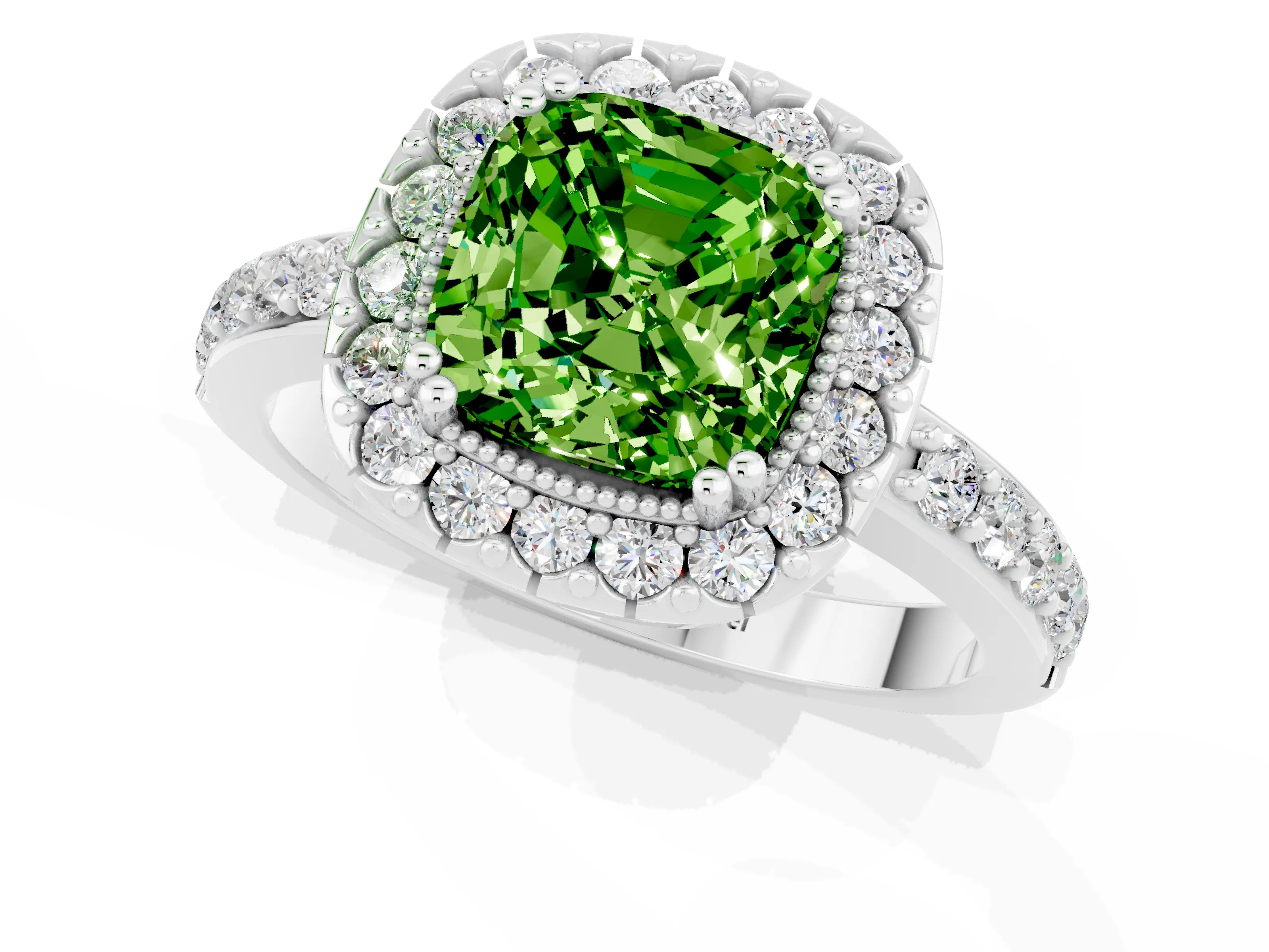 White gold Cushion Cut Diamond Halo Ring with Pavé Band and Prong Setting_1
