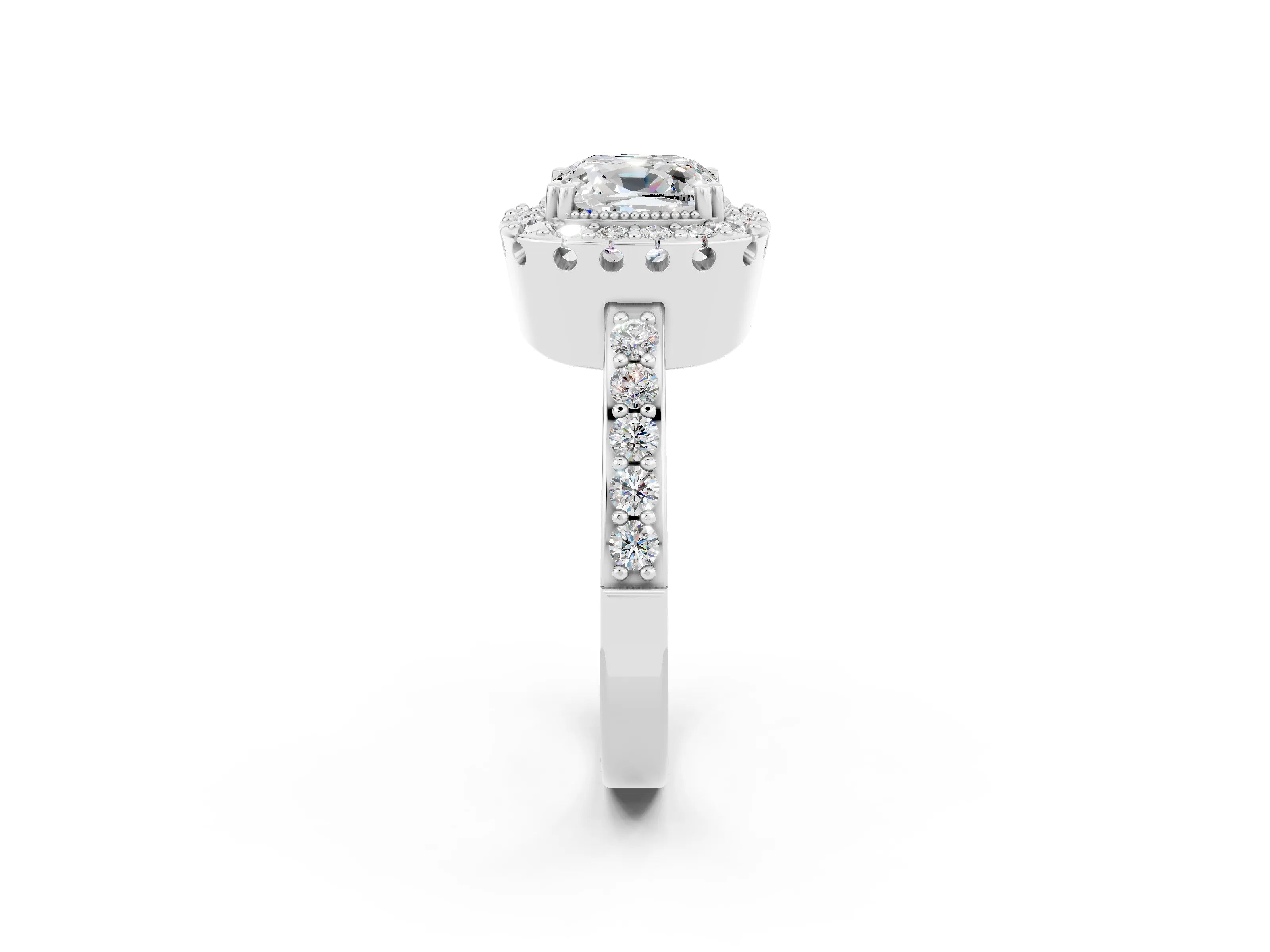 White gold Cushion Cut Diamond Halo Ring with Pavé Band and Prong Setting_2