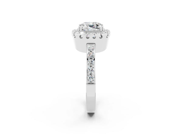 Platinum Cushion Cut Moissanite Halo Ring with Pavé Band and Prong Setting