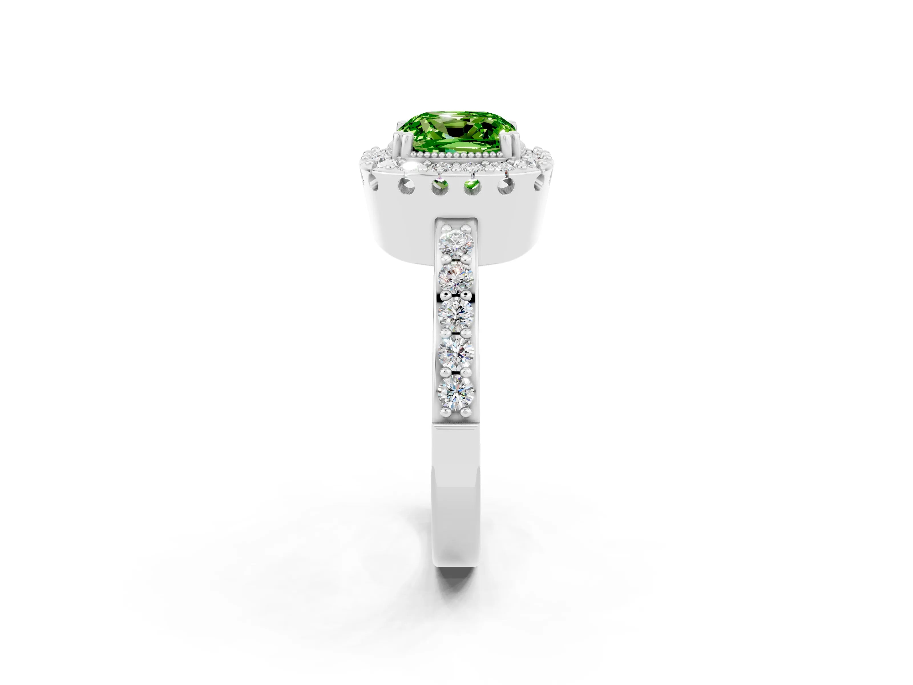 White gold Cushion Cut Diamond Halo Ring with Pavé Band and Prong Setting_2
