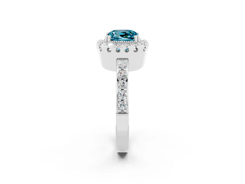 White gold Cushion Cut Diamond Halo Ring with Pavé Band and Prong Setting_2