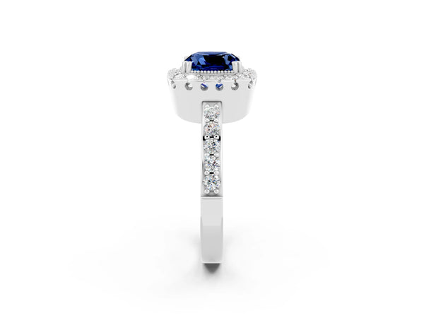 White gold Cushion Cut Blue Sapphire Halo Ring with Pavé Band and Prong Setting