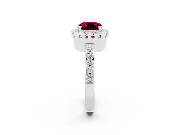 Platinum Cushion Cut Garnet Halo Ring with Pavé Band and Prong Setting