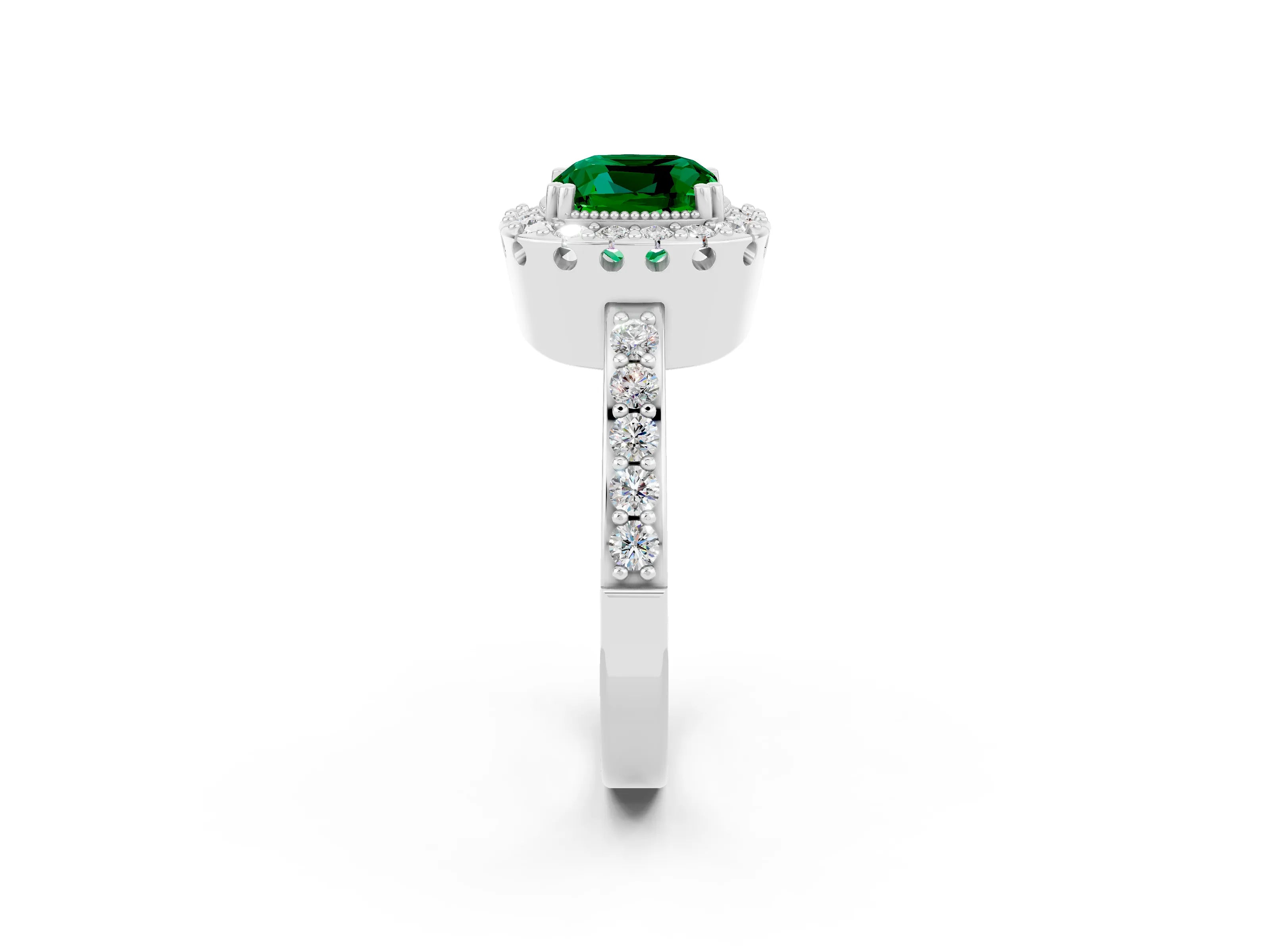 White gold Cushion Cut Diamond Halo Ring with Pavé Band and Prong Setting_2