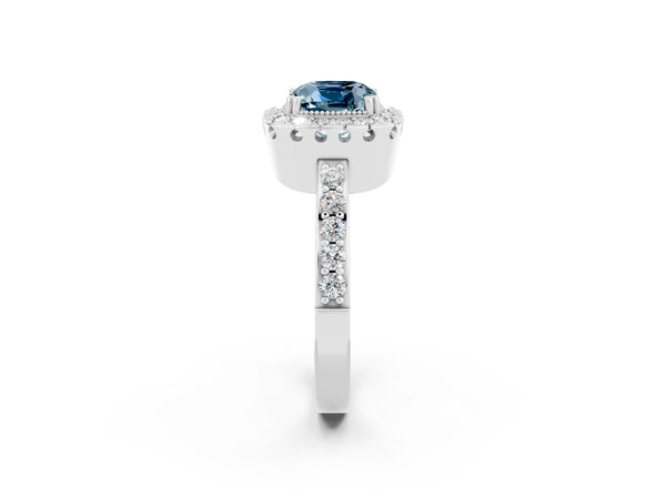 Platinum Cushion Cut Aquamarine Halo Ring with Pavé Band and Prong Setting