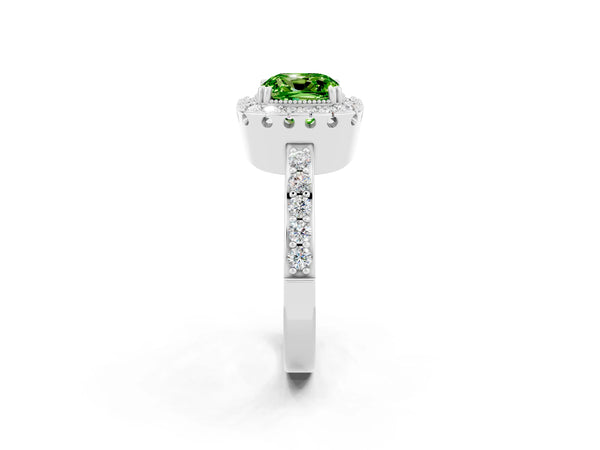 Platinum Cushion Cut Peridot Halo Ring with Pavé Band and Prong Setting