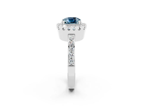 White gold Cushion Cut Diamond Halo Ring with Pavé Band and Prong Setting_2