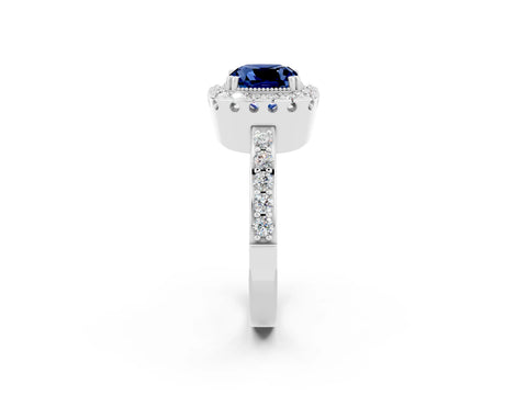 White gold Cushion Cut Diamond Halo Ring with Pavé Band and Prong Setting_2