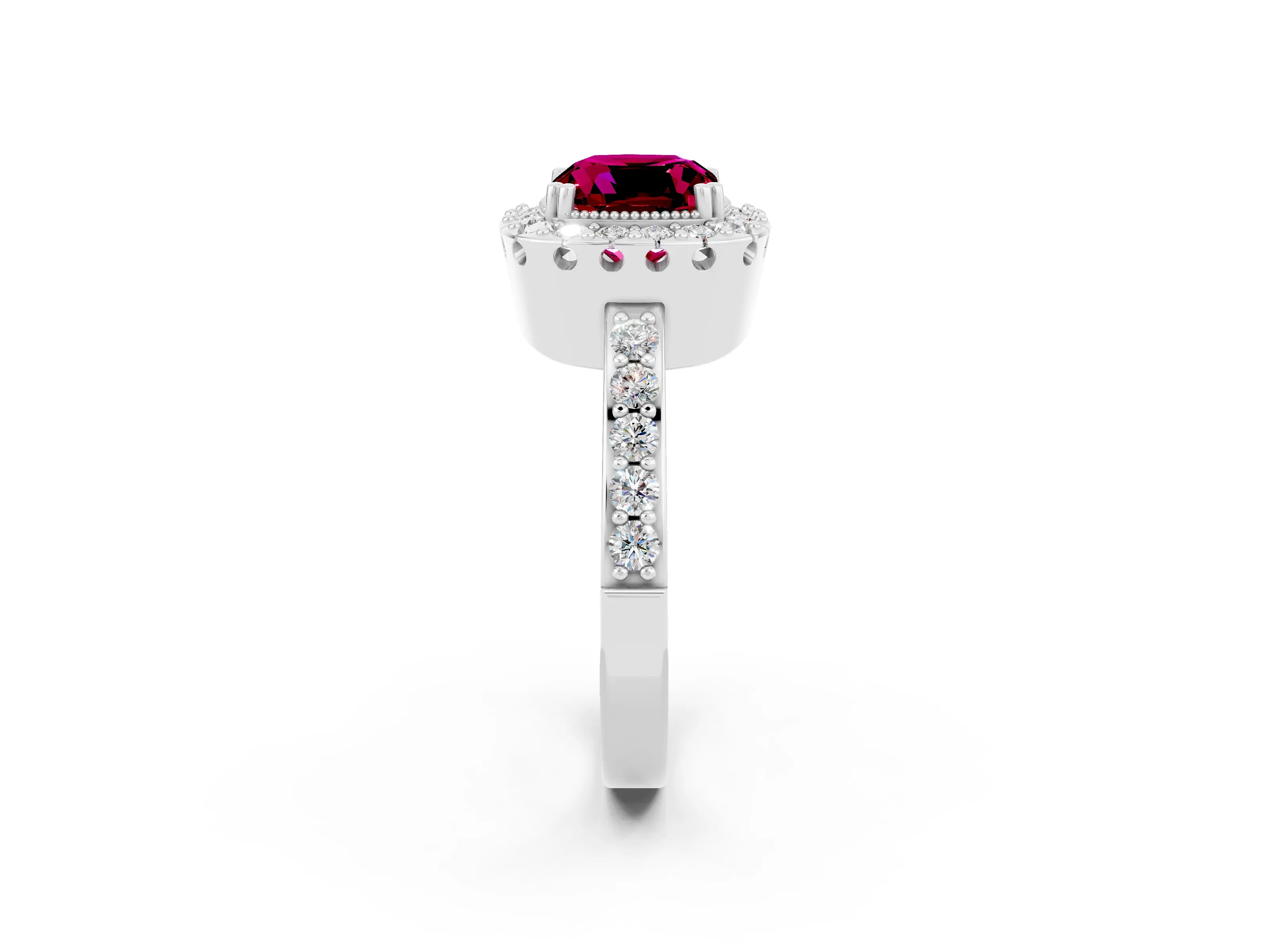 White gold Cushion Cut Diamond Halo Ring with Pavé Band and Prong Setting_2