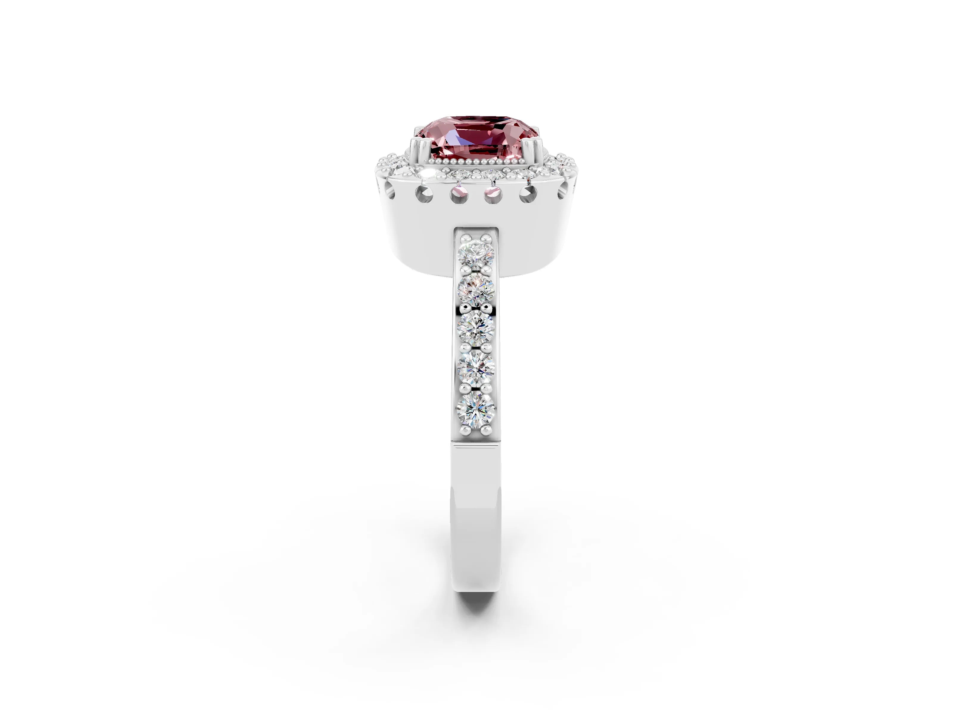 White gold Cushion Cut Diamond Halo Ring with Pavé Band and Prong Setting_2