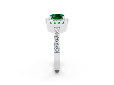 White gold Cushion Cut Diamond Halo Ring with Pavé Band and Prong Setting_2