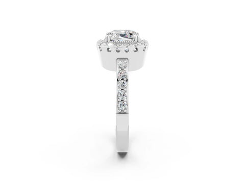 White gold Cushion Cut Diamond Halo Ring with Pavé Band and Prong Setting_2