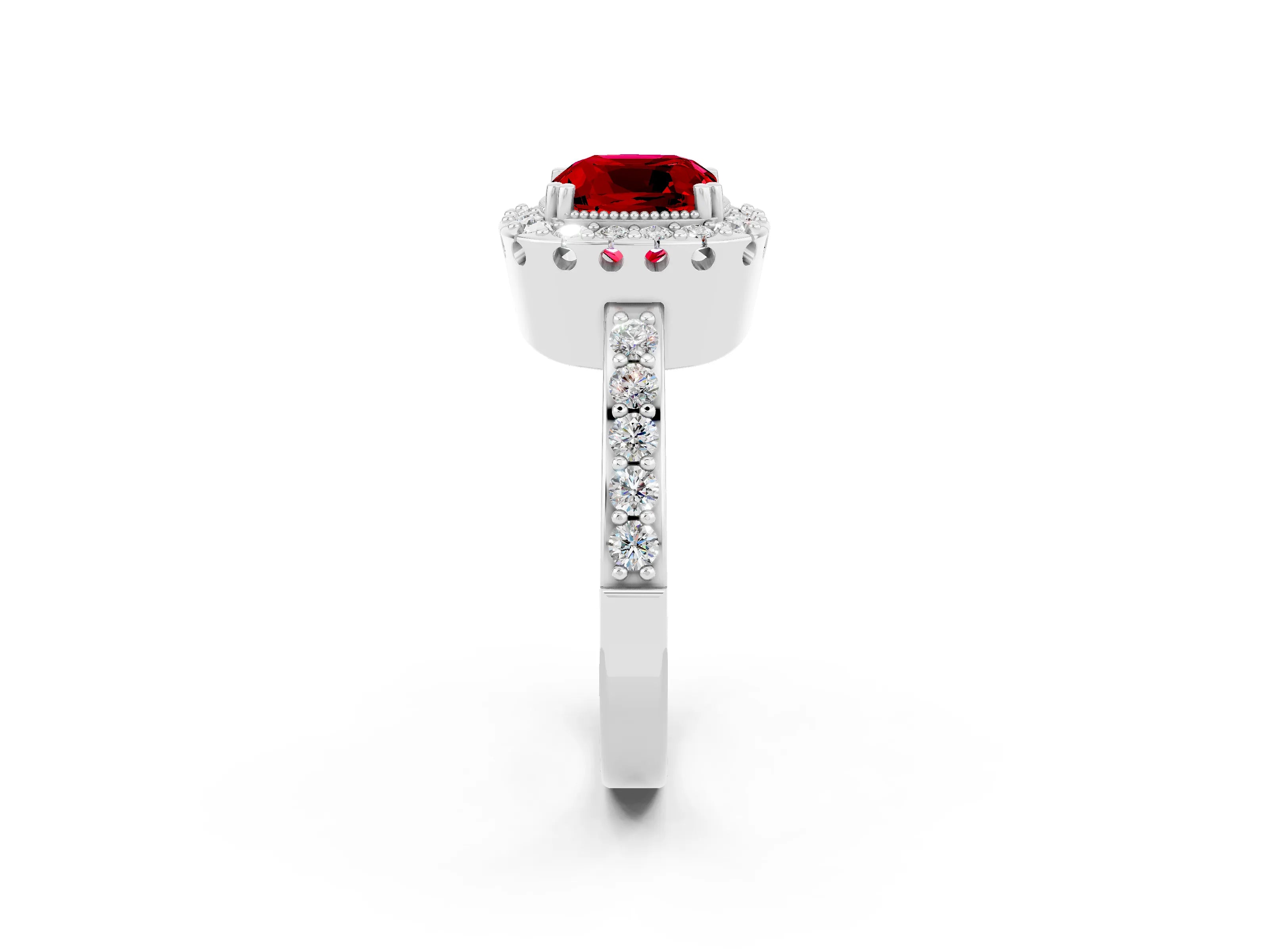 White gold Cushion Cut Diamond Halo Ring with Pavé Band and Prong Setting_2