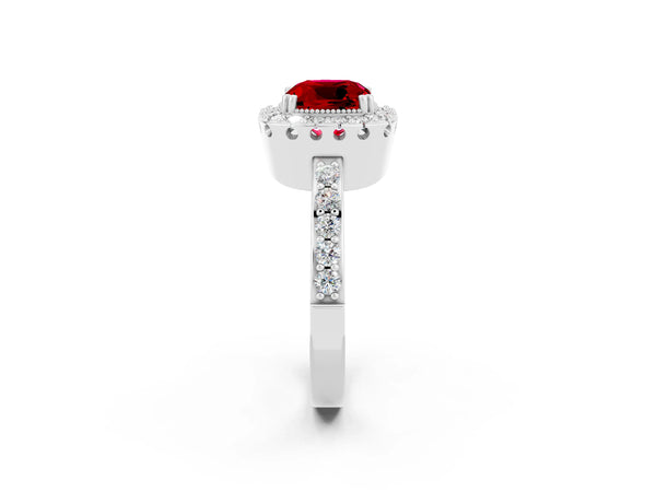 Platinum Cushion Cut Ruby Halo Ring with Pavé Band and Prong Setting