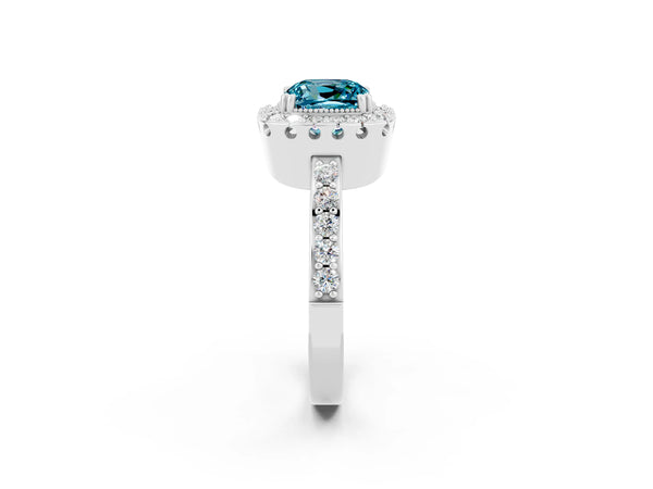 Platinum Cushion Cut Blue Topaz Halo Ring with Pavé Band and Prong Setting