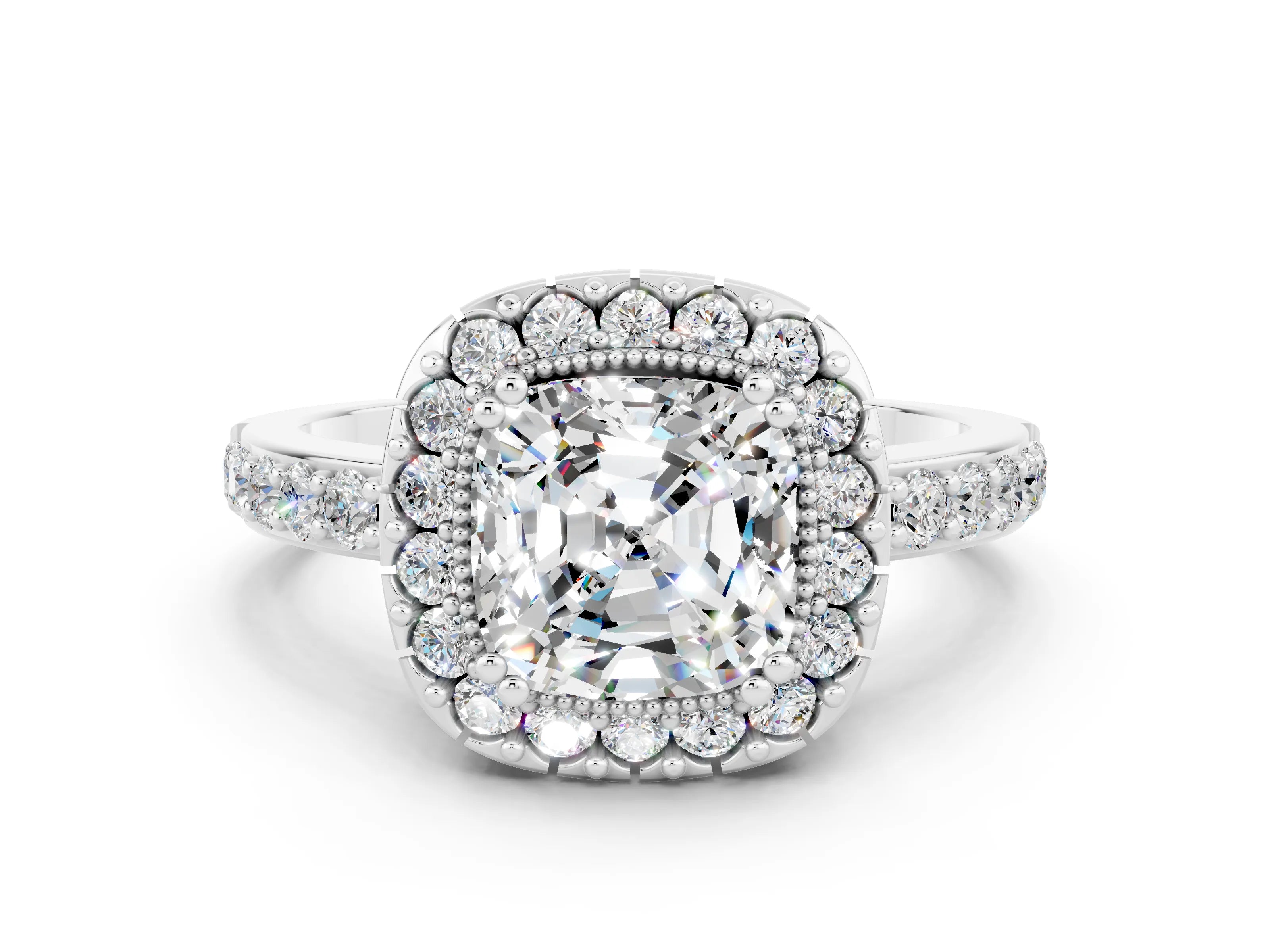 White gold Cushion Cut Diamond Halo Ring with Pavé Band and Prong Setting