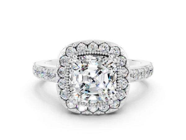 White gold Cushion Cut Moissanite Halo Ring with Pavé Band and Prong Setting