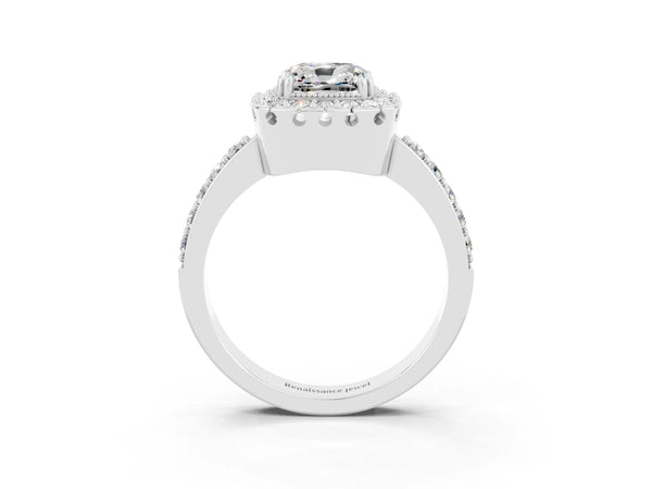 Platinum Cushion Cut Moissanite Halo Ring with Pavé Band and Prong Setting