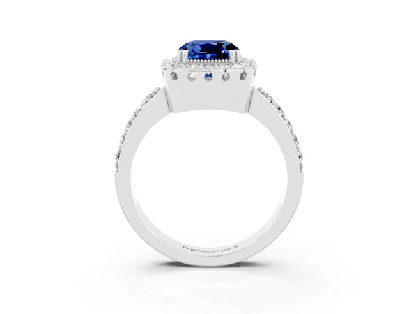 Platinum Cushion Cut Blue Sapphire Halo Ring with Pavé Band and Prong Setting