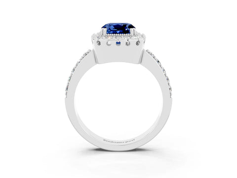 White gold Cushion Cut Diamond Halo Ring with Pavé Band and Prong Setting_3