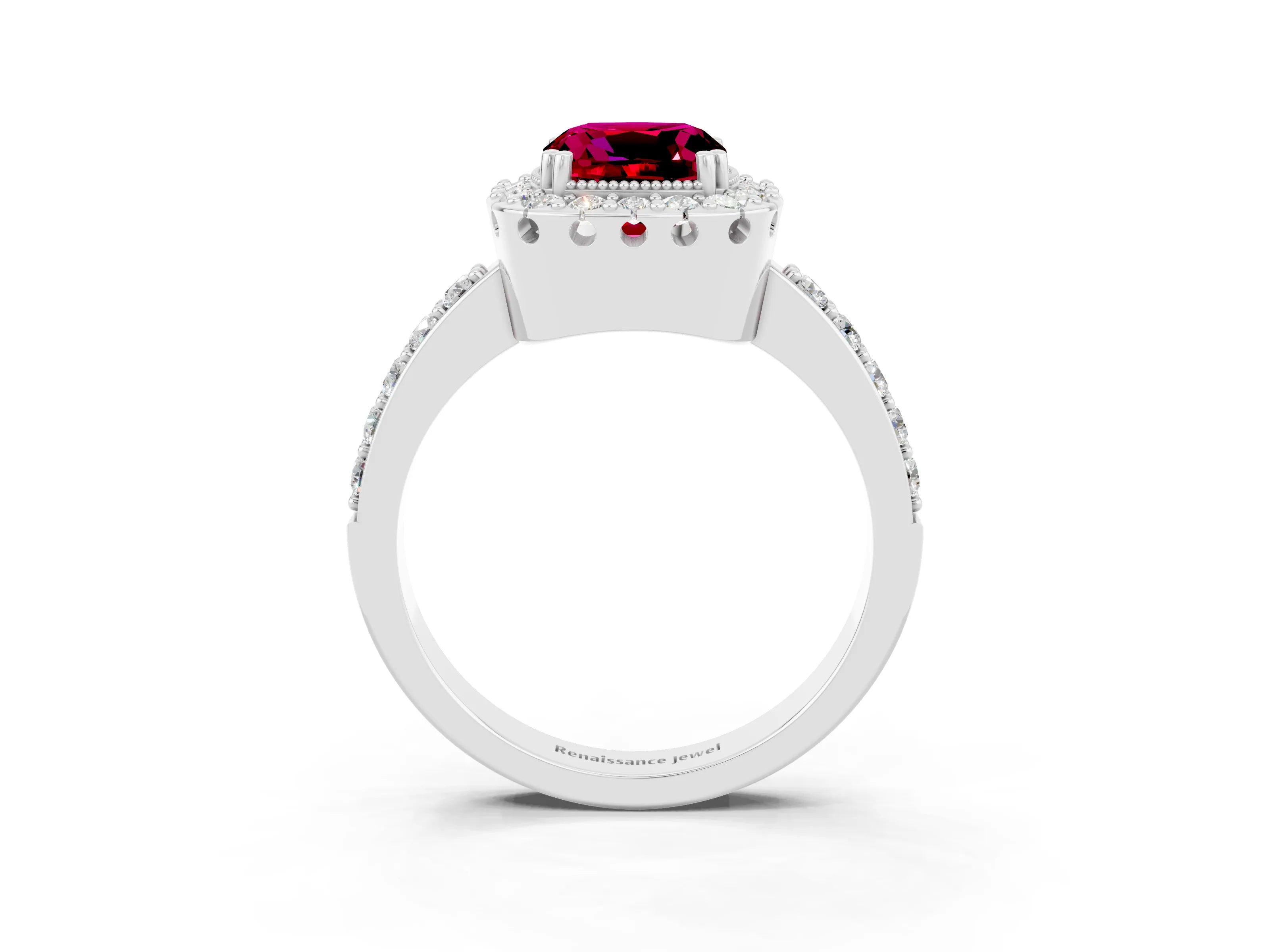 White gold Cushion Cut Diamond Halo Ring with Pavé Band and Prong Setting_3