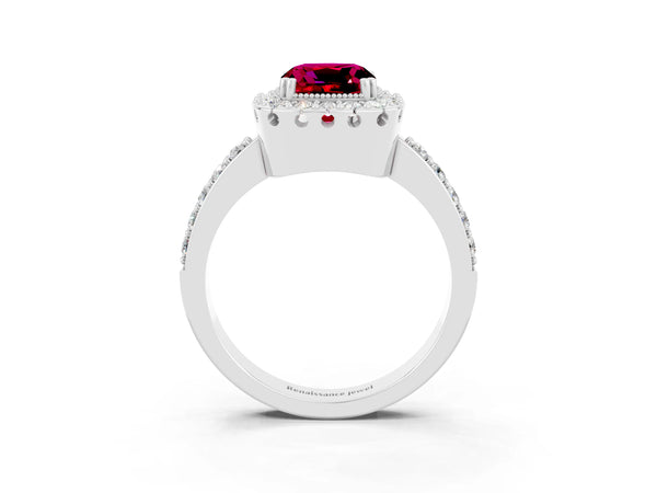 White gold Cushion Cut Garnet Halo Ring with Pavé Band and Prong Setting